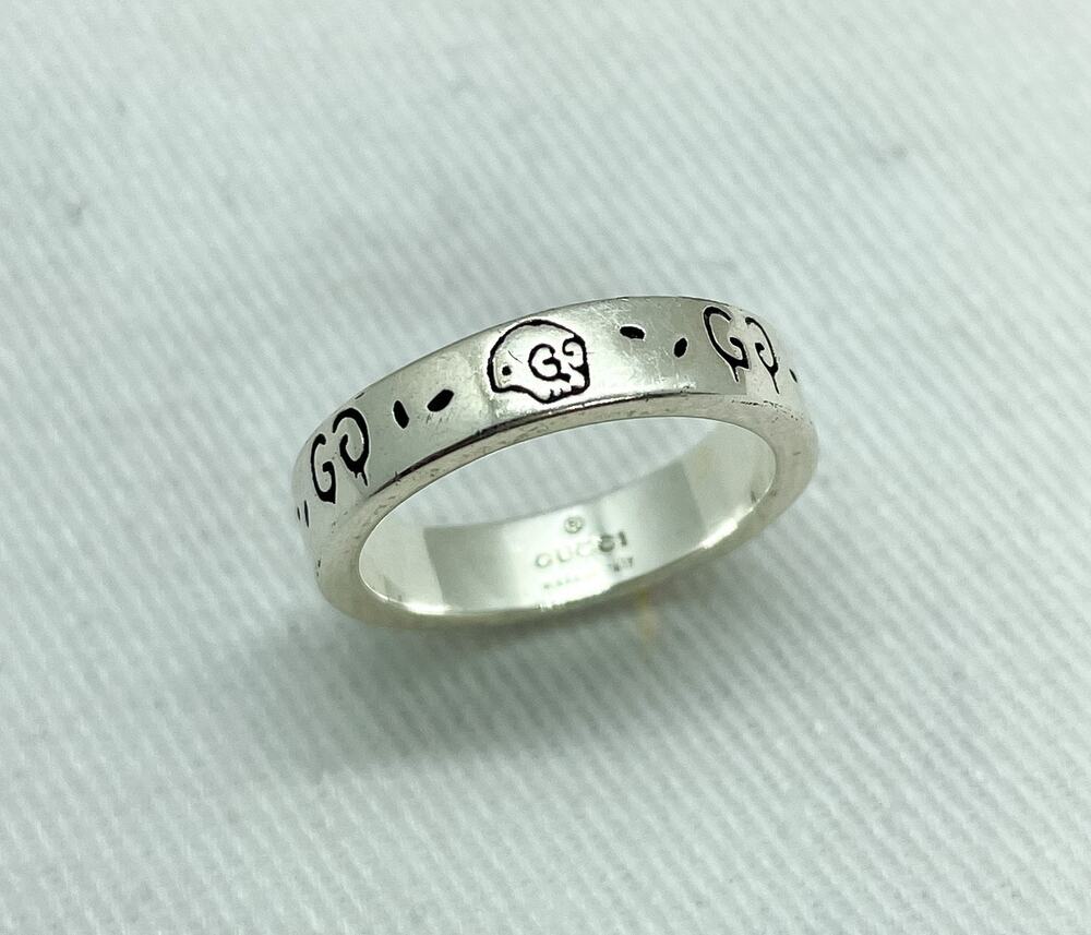 Gucci Sterling Silver Ghost GG Skull Ring Logo Band Size 5